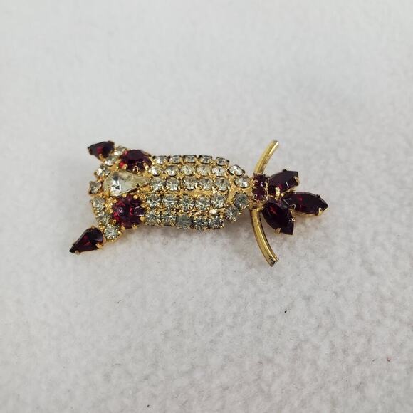 Vintage Owl Red White Rhinestone Gold Tone Brooch Pin Unbranded - Picture 2 of 8